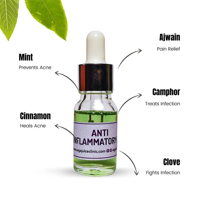ingredients of anti-inflammatory oil include mint, ajwain, cinnamon, camphor, clove